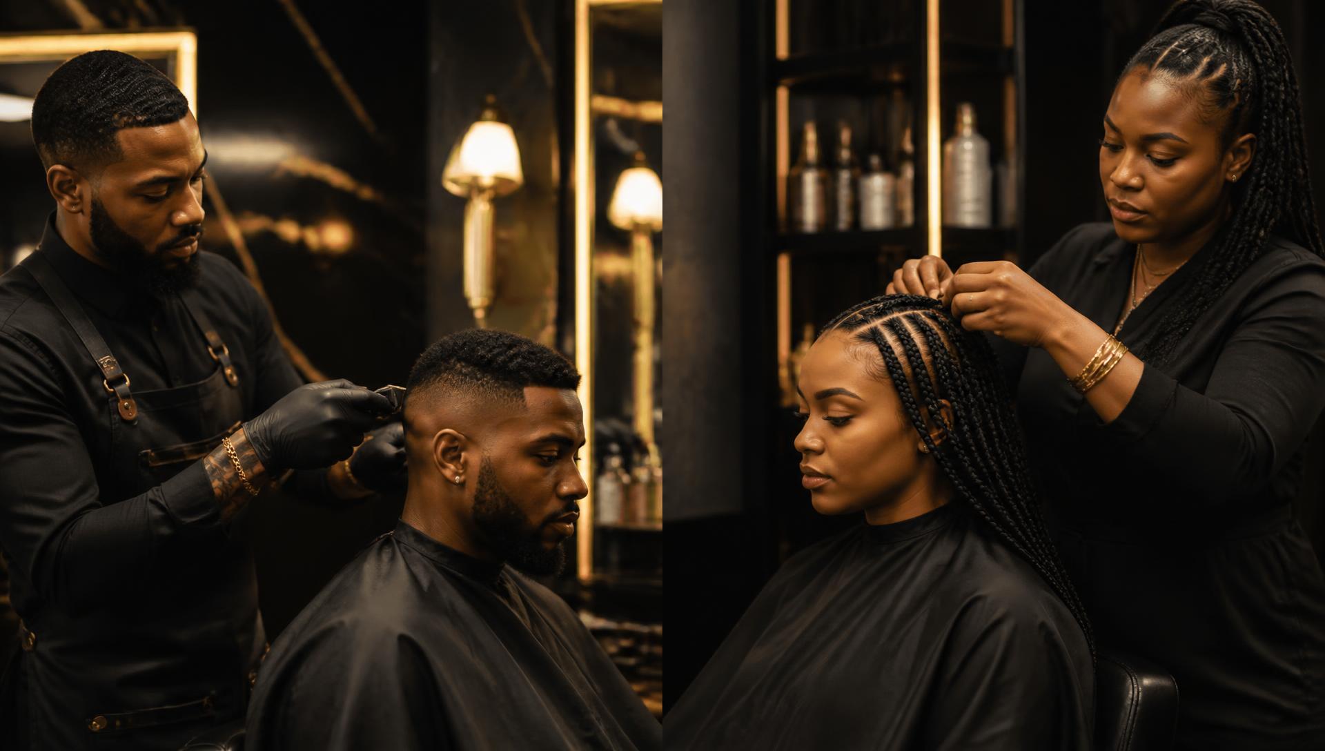 A barber creating a precise fade and a braider styling box braids in a luxury Ontario salon